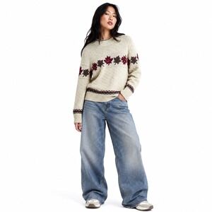 Cotton Country Parkhurst Cotton Sweater Cream Maple Leaf Preppy Cabin Womens M